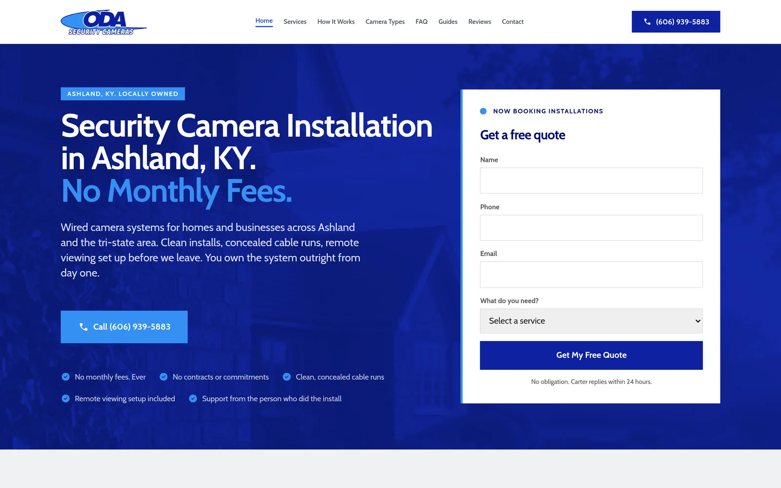Homepage of odasecuritycameras.com, built by Volara